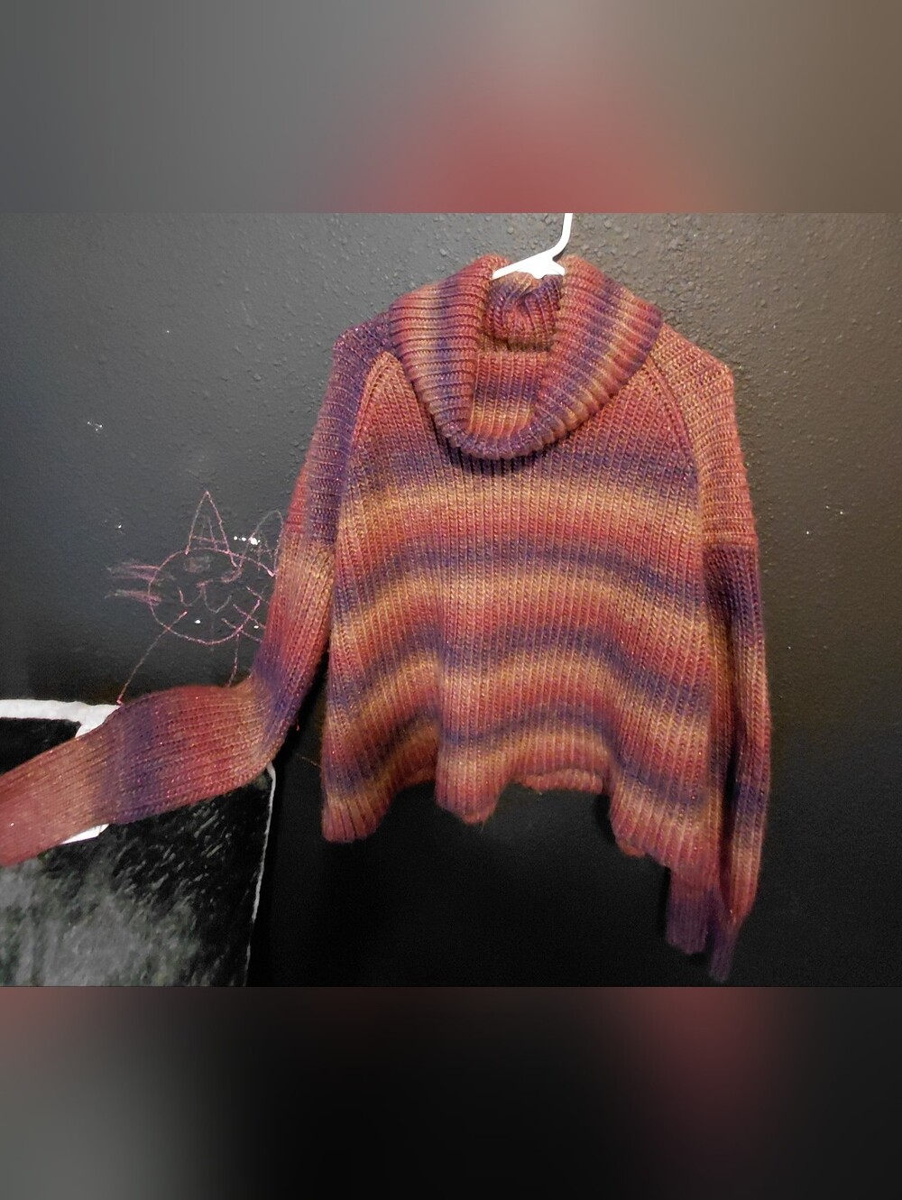 Cropped Multicolor Striped Cowl Neck Sweater - Red, Purple, Gold W/sparkles